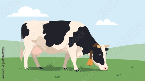 Large black and white dairy cow wearing a bell grazing on a lush green meadow under a bright blue sky with white clouds during the day.