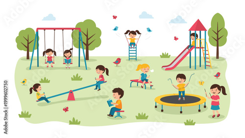 Large group of children having fun at a public park playground while playing on swings, a slide, a seesaw, a trampoline, and jumping rope.
