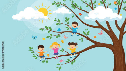 Four joyful children climbing and playing on the sturdy branches of a large leafy green tree under a bright sun and blue sky with clouds.