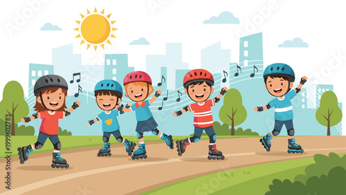 Five diverse children wearing protective gear and helmets rollerblading together on a path in a city park under a bright yellow summer sun.