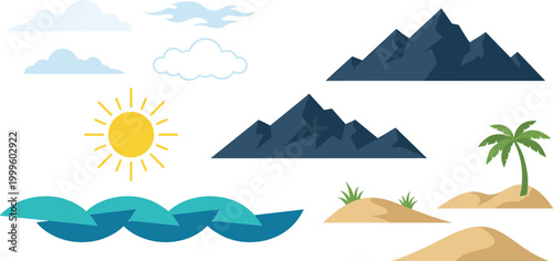 Nature Landscape Elements Vector Set Featuring Mountains Clouds Sun Ocean Waves Desert Sand Dunes and Palm Tree Minimal Illustration Collection
