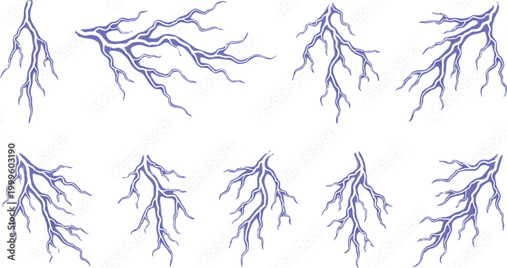 Fototapeta premium Lightning Bolt Vector Collection Featuring Electric Energy Strikes Thunder Flash Effects and Dynamic Storm Electricity Shapes Illustration Set