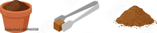 Brown Sugar Preparation Vector Illustration Featuring Sugar Cube Tongs Powdered Sugar Pile and Container for Baking and Cooking Ingredient Concept