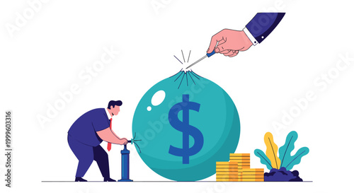 Large hand popping a big blue dollar sign balloon with a needle while businessman pumps it up representing financial inflation.