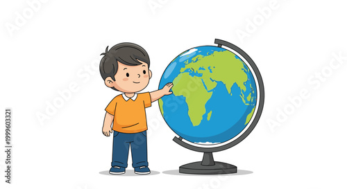 Young boy in orange t-shirt touching large desk globe and learning about world geography against clean white background.