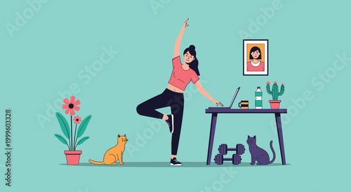 Young woman practicing a yoga pose while working on a laptop at her home office desk surrounded by cats and plants.