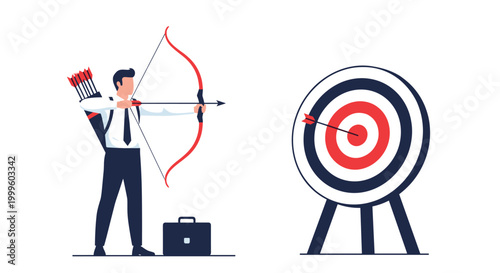 Businessman in a suit aiming a bow and arrow at a large target to achieve success and reach his business goals.