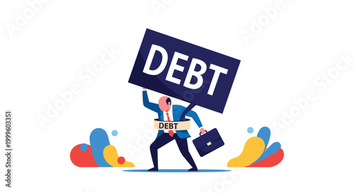 Stressed businessman struggling to carry a huge heavy sign labeled debt while carrying a briefcase in a desert landscape.