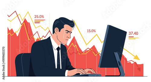 Worried businessman working on a computer in front of a red falling stock market graph showing financial crisis and loss.