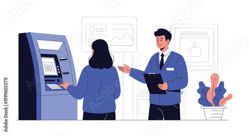 Professional bank employee in a blue suit helping a female customer use an automated teller machine in a modern bank.