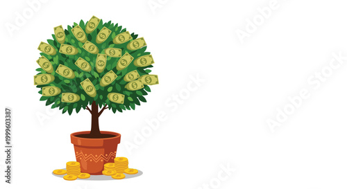 Potted money tree with green dollar bills for leaves and a pile of gold coins at the base on a plain white background.