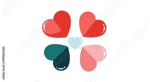 Creative design of four colorful heart shapes arranged to form a clover pattern with a small light blue heart in the center.