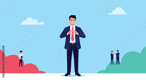 Confident businessman in a suit making a heart shape with his hands while diverse coworkers interact in the background.
