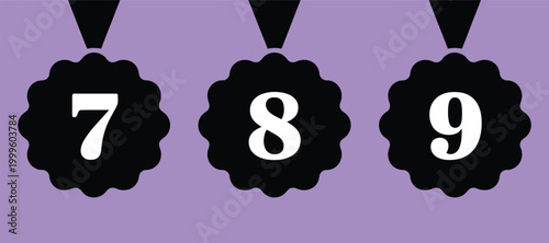 Set of three black circular badges with numbers seven eight and nine