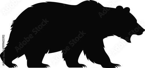 Black silhouette of a grizzly bear walking with mouth open on white background brown bear animal
