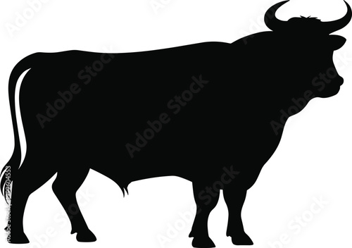 Black silhouette of a standing bull with horns on a white background cattle animal