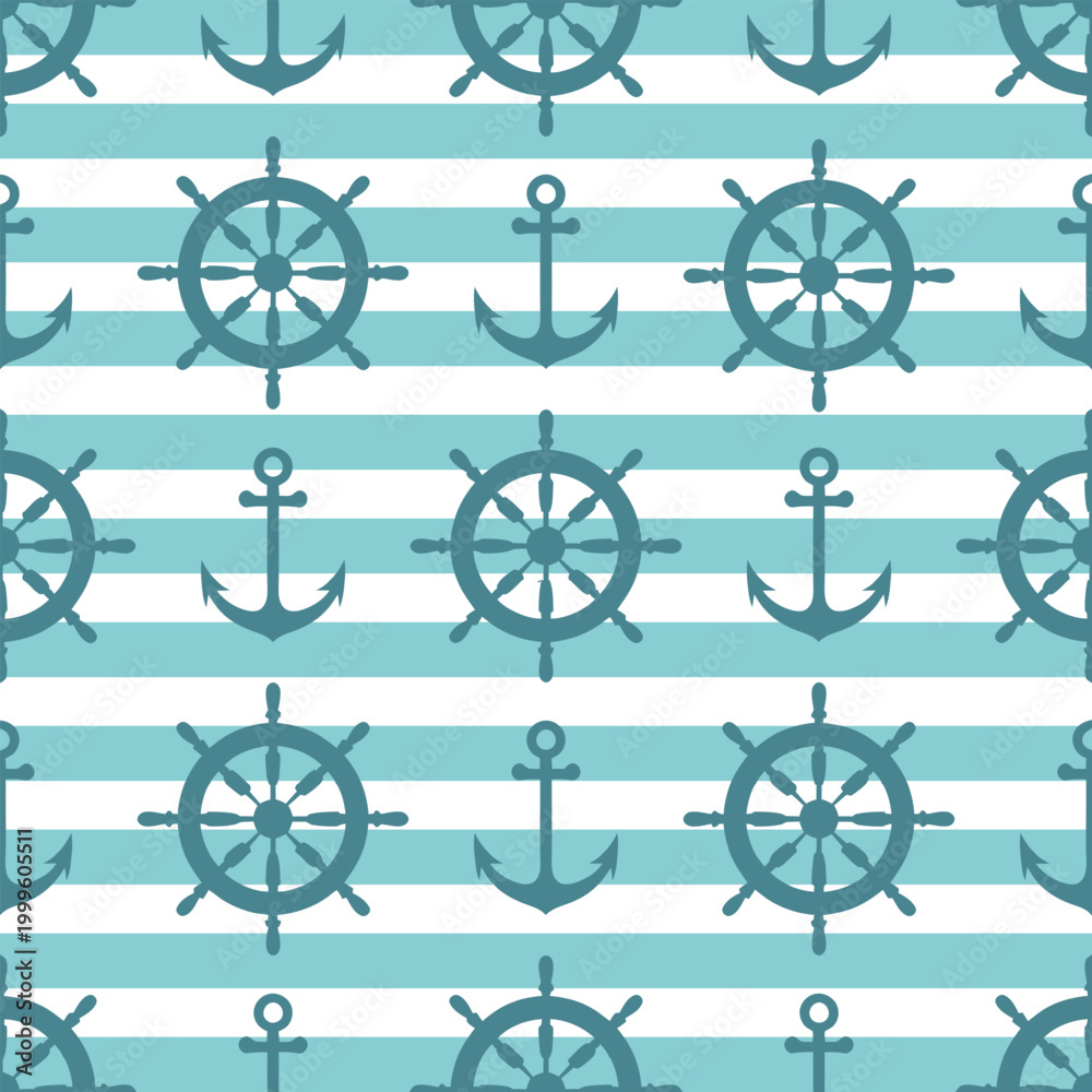 Fototapeta premium Nautical pattern with ship steering wheels and anchors on striped background
