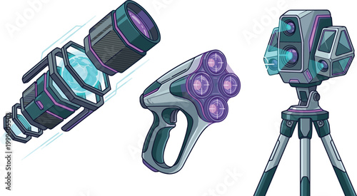 Futuristic Scanning Devices Vector Set Featuring Sci Fi Handheld Scanner Laser Device and Tripod Mounted Technology Equipment for Digital Measurement Illustration