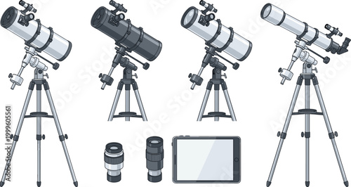 Astronomy Telescope Vector Collection Featuring Tripod Mounted Telescopes Eyepieces and Observation Equipment for Space Exploration and Stargazing Illustration Set