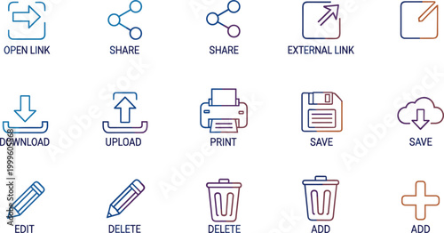 Modern Multi-Colored Gradient Action Icon Set Featuring Save Print Delete Edit Upload and Download for Web Application UI and UX Design