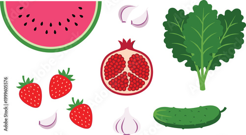 Fresh Fruits and Vegetables Vector Set Featuring Watermelon Strawberry Pomegranate Garlic Cucumber and Leafy Greens Healthy Food Illustration Collection