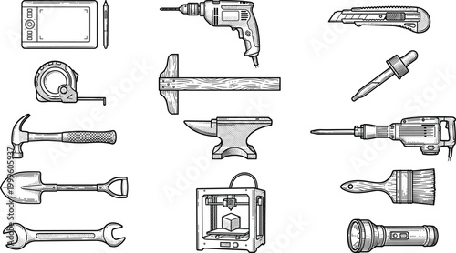 Vintage Engraved Construction Tools Illustration Set Featuring Drill Hammer Wrench Shovel Anvil Cutter Dropper Flashlight and Workshop Equipment Detailed Vector Collection