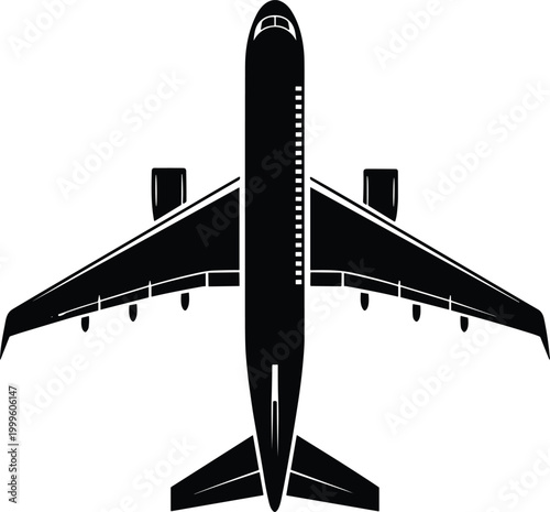 Top view silhouette of a modern passenger airplane with wings extended on a white background aircraft