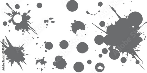 Black ink splashes and grunge splat vector elements create a dirty liquid paint stain with artistic splatter drops and a silhouette blob pattern on a white background