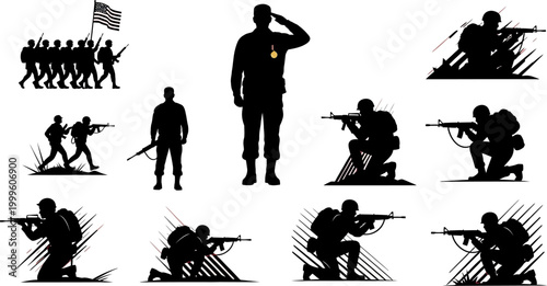 set of silhouettes of soldiers in various combat poses and a soldier saluting with a medal on chest and group of soldiers marching with american flag