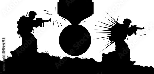 silhouette of two soldiers shooting at a bomb on the ground in a combat situation  military operation