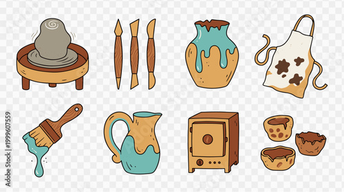 Collection of hand-drawn pottery making tools and ceramic items for crafting