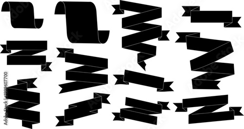 set of black ribbons and banners in various shapes and sizes on white background