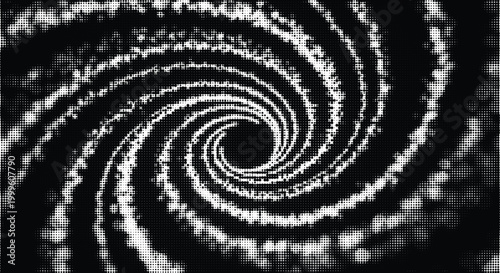 Abstract dark spiral halftone dots with white grunge effect, hypnotic black and white swirling pattern for creative designs.