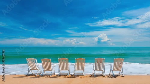 Chairs facing ocean waves at a beach on a sunny day in a warm climate during mid-afternoon
