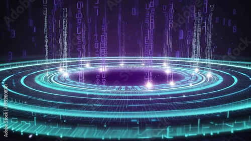 Bright lights and digital symbols create effects in a circular pattern at night