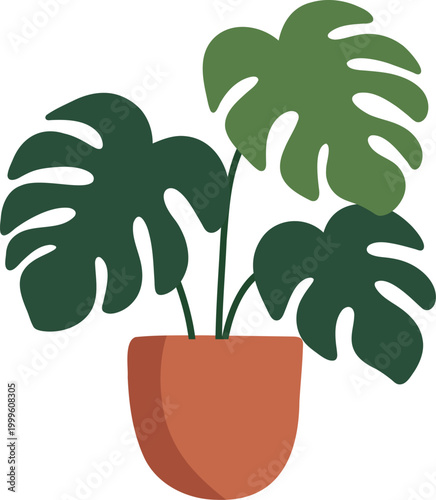 Minimal flat illustration of a monstera houseplant in a terracotta pot with clean shapes and modern aesthetic. Ideal for home decor, interior design, and botanical themes.