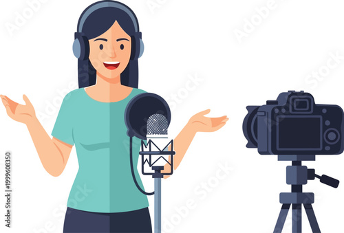 Broadcaster speaks into a microphone while recording a video for her.