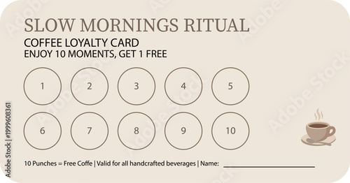 Modern minimalist coffee loyalty card template with 10 punch circles, clean typography, and soft neutral tones. Ideal for cafes, small businesses, and branding materials.