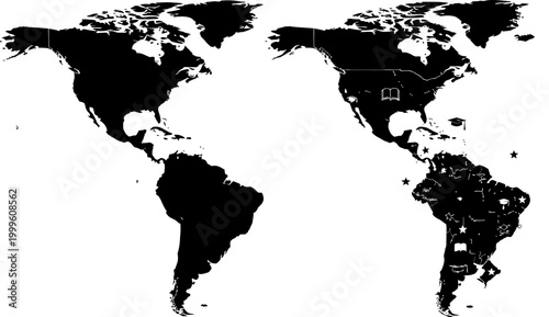 World map with educational symbols on continents  global illustration