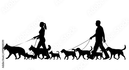 Male and female dog walkers, sitters walking with group of pets silhouettes. Transparent SVG.