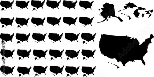 Collection of black silhouettes of the United States map in various styles  isolated on white background