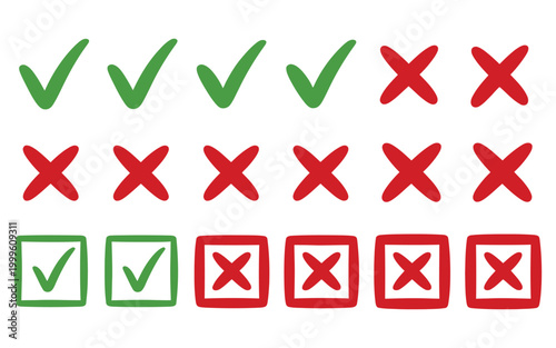 Green Check Marks and Red Crosses on White Background For Correct and Incorrect Concepts