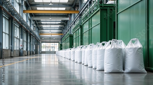 White sacks stacked in a row inside a large industrial factory warehouse. Production facility with bulk storage containers. Logistics, distribution, supply chain and manufacturing concept.