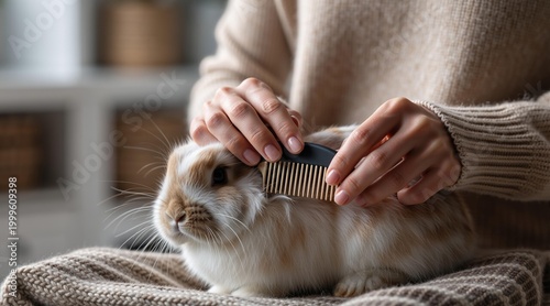 Woman brushing fur of a rabbit. Girl taking care of domestic pet with comb. Animal grooming, friendship and love for fluffy bunny. Concept of pet owner lifestyle and home care.