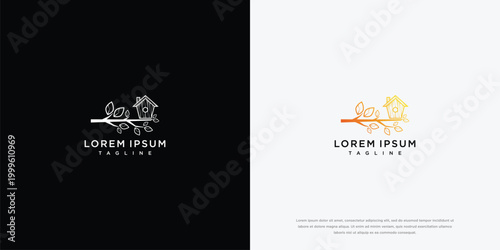 Minimalist Line Art Logo Birdhouse on a Branch with Birds