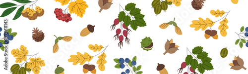 forest autumn horizontal seamless border with forest elements, berries, fruits, and autumn leaves. Fall decorative pattern for harvest festivals, Thanksgiving, and seasonal design.