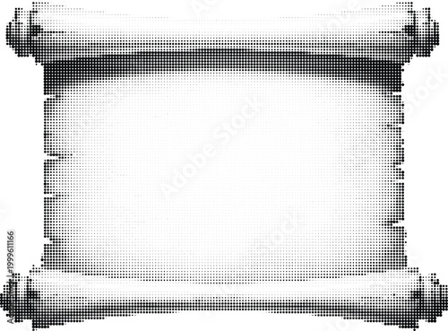 Rolled scroll border with torn edges in halftone dot pattern on transparent grid.