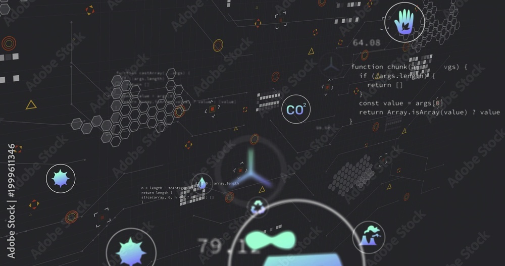 Obraz premium Displaying abstract digital cluster pulsing on dark dashboard, with CO2 label, hexagons, code