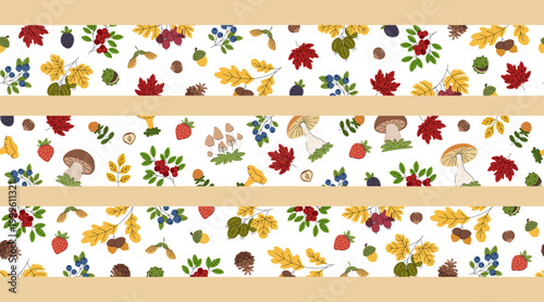 Set of autumn forest borders. Collection of seamless horizontal patterns with maple, oak, and other leaves, mushrooms, and berries. Decorative ornaments for seasonal design.