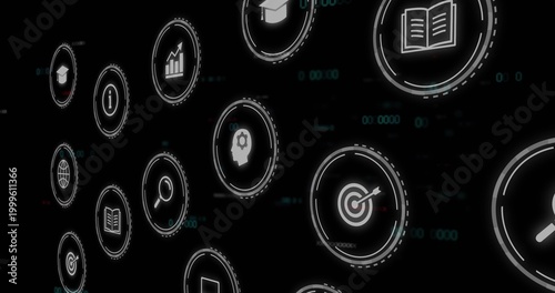 Floating glowing HUD icon cluster pulsing in dark void, showing book target search chart globe
